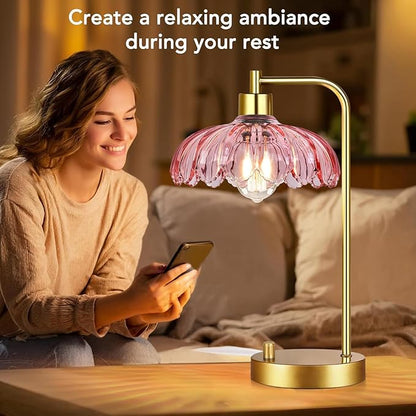 Pink Table Lamp Set of 2,Small Gold Bedside Lamps Dimmable Boho Bedroom Lamp with Flower Glass Lamp Shade,Vintage Mid Century Modern Mini Nightstand Lamp for Girls Kids Bedroom Living Room