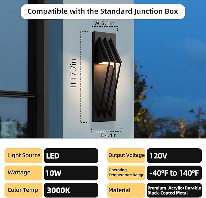 Hyunbae Outdoor Wall Sconce,17.7inch Modern Exterior Lighting Fixture Waterproof, 10W Dimmable LED Outdoor Porch Lights for House Garage Patio, Black, 3000K