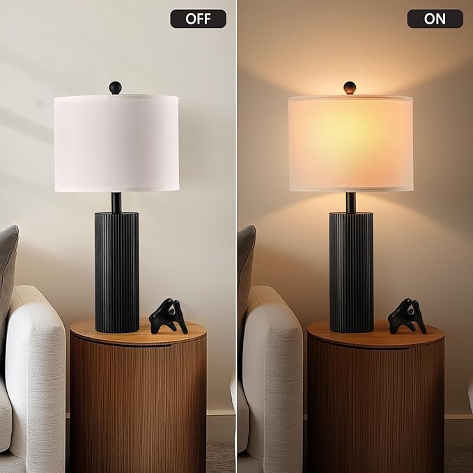 24.5" Black Lamps Set of 2, Modern Table Lamps for Living Room with USB C+A Ports, Creative Stripe Touch Lamps for Nightstand, 2 Bulbs Included