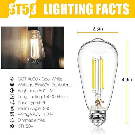 DAYBETTER 6 Pack Vintage LED Edison Bulbs, E26 Dimmable LED Bulb, 60 watt Equivalent, ST58 Antique Filament Light Bulbs with Warm White 2700K, Brightness 8W, 800LM, 80+ CRI, Clear Glass