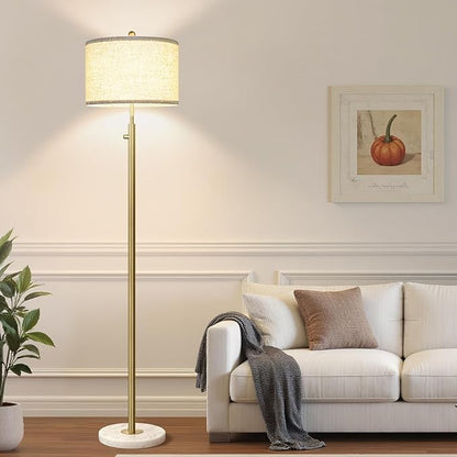 【Upgraded】 Dimmable Floor Lamp for Living Room, 11W LED Bulb Included, Modern Standing Lamp with Marble Base, Tall Pole Light with Linen Shade for Bedroom Reading Office Corner Nursery-Brass Gold