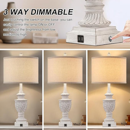 Farmhouse 3-Way Dimmable Touch Table Lamp Set of 2 for Bedroom Living Room with USB A+C Charging Ports 28" Tall Rustic Traditional Nightstand Bedside Lamps White End Table Lamp (2 Bulbs Included)