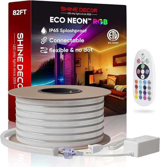Shine Decor LED RGB Neon Rope Lights AC 120V, Expandable & Cuttable Bright Strip Lighting with Remote, Dimmable Color Changing, ETL Cold-Resistant & IP65 Waterproof for in&Outdoor, 10x20mm, 82FT