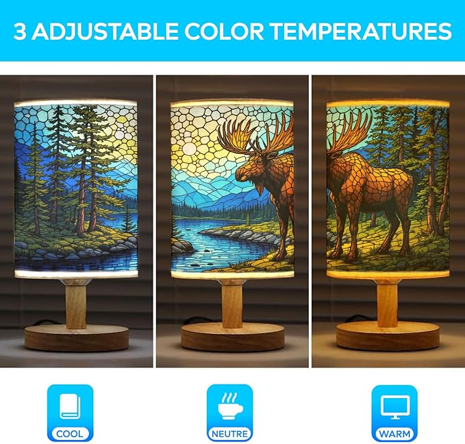 Moose Table Lamp LED 3-Color Pressed Bedside, Moose Shade Lamp with Wood Base for Bedroom Living Room Desk Office TL01