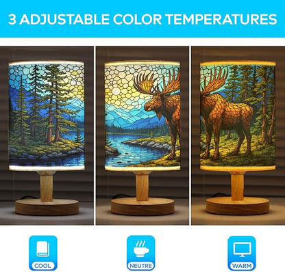 Moose Table Lamp LED 3-Color Pressed Bedside, Moose Shade Lamp with Wood Base for Bedroom Living Room Desk Office TL01