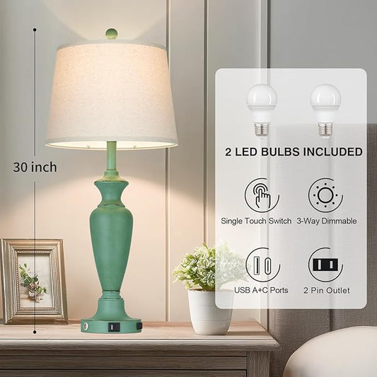 30" Tall Metal Table Lamps Set of 2, Touch Control Bedside Lamps for Bedroom Nightstand, 3-Way Dimmable Farmhouse Lamp for Living Room with Charging Ports, Retro Green (2 LED Bulbs Included)
