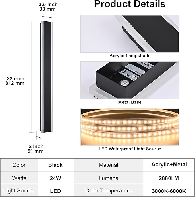 Yaohong 2 Pack 32inch LED Outdoor Wall Linear Lights, Modern Black 3000K-6000K Dimmable Exterior Lighting Fixtures Patio Light, IP65 Waterproof Outdoor House Lights Wall Mount for House Courtyard
