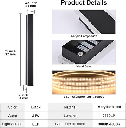 Yaohong 2 Pack 32inch LED Outdoor Wall Linear Lights, Modern Black 3000K-6000K Dimmable Exterior Lighting Fixtures Patio Light, IP65 Waterproof Outdoor House Lights Wall Mount for House Courtyard