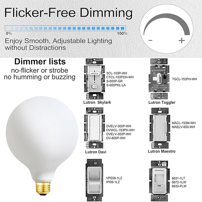 Leools G40 LED Light Bulb 4W Dimmable Flick-Free Matt White 4000K Daylight CRI95 480LM, 40-60W Equivalent Vintage LED Edison Globe Light Bulb,E26 Standard Base, 2Pack