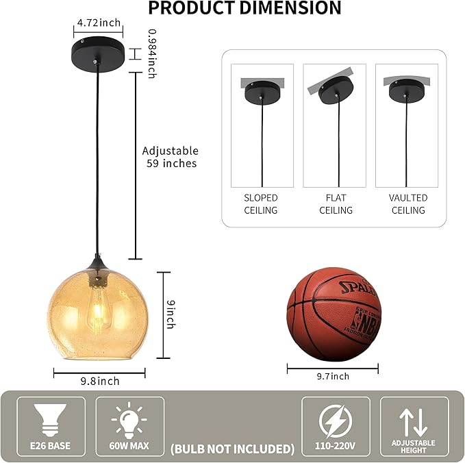 Amber Glass Pendant Lights Kitchen Island Lighting Modern Globe Pendant Light Fixtures Modern Pendant Lights for Kitchen Island Bedroom Living Dining Room Light Fixture-9.8inch