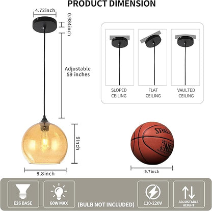 Amber Glass Pendant Lights Kitchen Island Lighting Modern Globe Pendant Light Fixtures Modern Pendant Lights for Kitchen Island Bedroom Living Dining Room Light Fixture-9.8inch