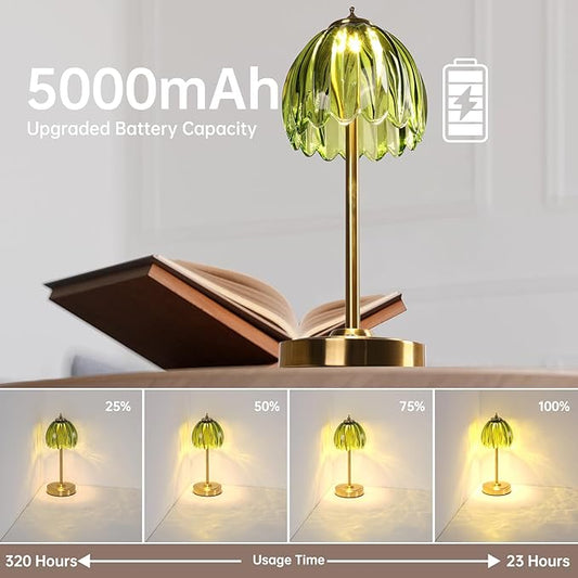 Tulip Table Lamp with 5000mAh Battery & Touch Control, Small Cordless Table Lamp with 3 Colors, Dimmable Rechargeable Battery Operated Table Lamps for Bedroom, Bedside, Desk (Green Tulip)