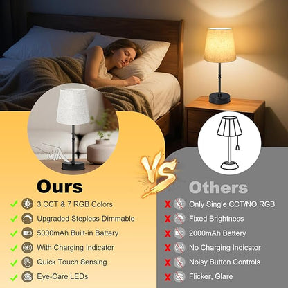 Cordless Table Lamp,5000mAh Rechargeable Battery Operated Desk Lamp,3 Colors & 7 RGB Stepless Dimmable,Portable Wireless Touch Bedside Night Light for Restaurant,Home,Decor Party,Flaxen Shade