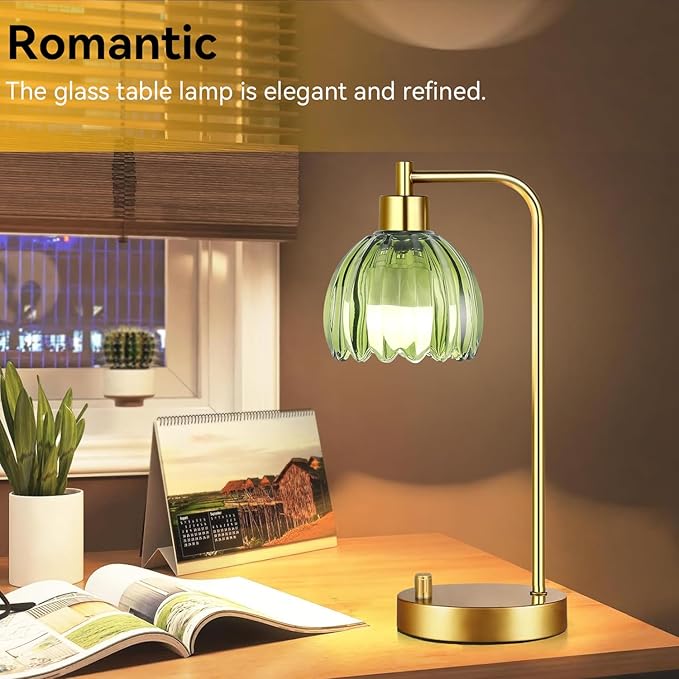 Green Table Lamp Set of 2,Small Glass Bedside Lamps Dimmable Boho Bedroom Lamp with Tulip Flower Lamp Shade,Gold Vintage Mid Century Modern Mini Nightstand Lamp for Bedroom Living Room
