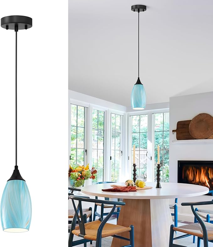ANYLOVE Vintage Art Blue-Gold Pendant Lighting,1-Pack Hand Glass Hanging Light Fixture,Adjustable Cord for Kitchen,Hallway,Dining Room