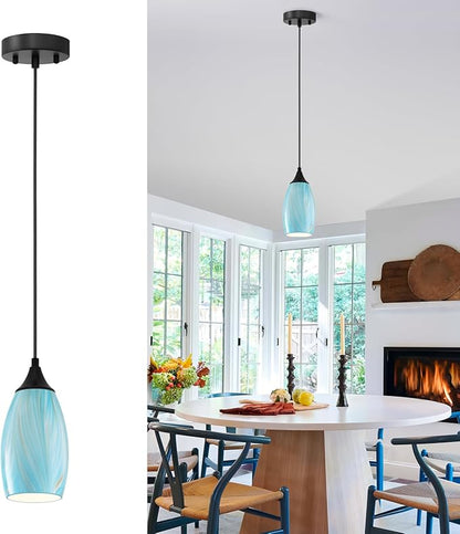 ANYLOVE Vintage Art Blue-Gold Pendant Lighting,1-Pack Hand Glass Hanging Light Fixture,Adjustable Cord for Kitchen,Hallway,Dining Room