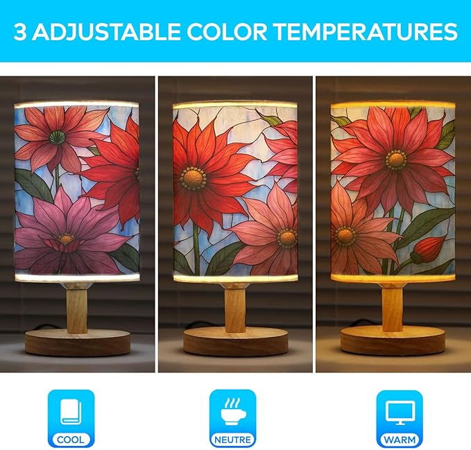 Dahlia Flower Table Lamp LED 3-Color Pressed Bedside, Dahlia Flower Shade Lamp with Wood Base for Bedroom Living Room Desk Office