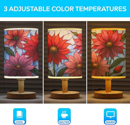 Dahlia Flower Table Lamp LED 3-Color Pressed Bedside, Dahlia Flower Shade Lamp with Wood Base for Bedroom Living Room Desk Office