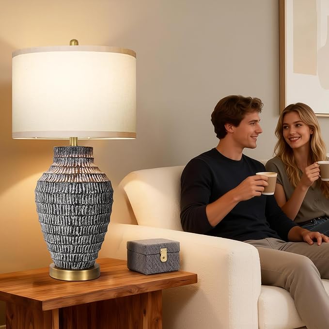 28”H Big Rustic Table Lamp with USB Charging Port for Bedroom Living Room, Black and Wash White Finish, 3 Color Temperature, Linen Shade, Rotary Switch Bedside Resin Lamp for Home Nightstand Decor