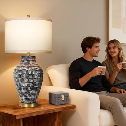 28”H Big Rustic Table Lamp with USB Charging Port for Bedroom Living Room, Black and Wash White Finish, 3 Color Temperature, Linen Shade, Rotary Switch Bedside Resin Lamp for Home Nightstand Decor