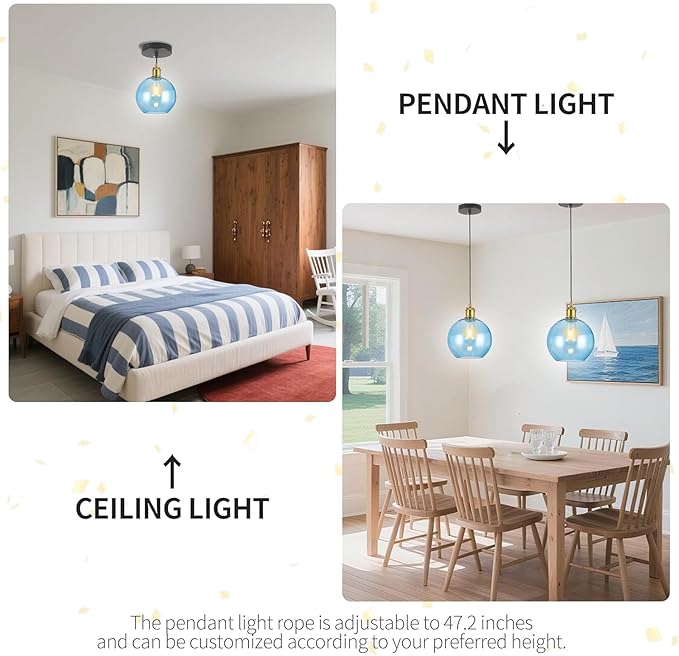 Blue Glass Pendant Lights Kitchen Island Lighting Globe Pendant Light Fixtures Modern Kitchen Island Lighting for Dining Room Bedroom -9.8inch