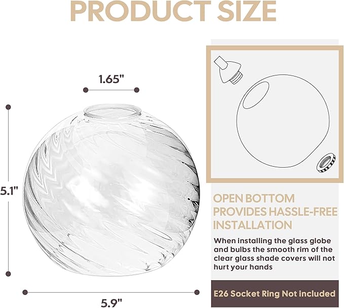 2 Pack Lamp Globe Glass Shade, Clear Striped Glass Glassshade Covers Replacements for Light Fixtures, 1.65 Inch Fitter Globes Lampshades for Wall Sconces Chandelier Bath Vanity Lights Pendants