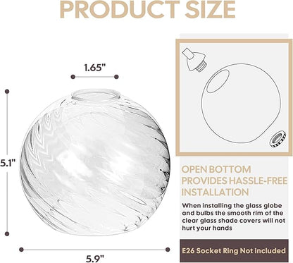 2 Pack Lamp Globe Glass Shade, Clear Striped Glass Glassshade Covers Replacements for Light Fixtures, 1.65 Inch Fitter Globes Lampshades for Wall Sconces Chandelier Bath Vanity Lights Pendants