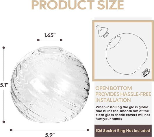 2 Pack Lamp Globe Glass Shade, Clear Striped Glass Glassshade Covers Replacements for Light Fixtures, 1.65 Inch Fitter Globes Lampshades for Wall Sconces Chandelier Bath Vanity Lights Pendants