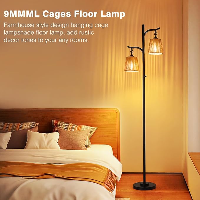 9MMML Rattan Floor Lamp for Living Room, Boho Floor Lamp with 2 Hanging Wicker Lamp Shade, 67'' Farmhouse Dimmable Black Standing Lamp with Rotary Switch for Bedroom, 2 x 800LM LED Bulbs Included