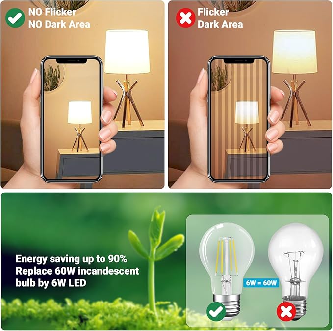 A19 E26 Base Dimmable Edison LED Bulb, 6W(60 Watt Equivalent) Stepless Dimming Light Bulbs 600lm, 4000K Neutral White, Vintage Clear Glass LED Filament Bulb for Home, Wall Sconce, Chandelier, 6 Pack