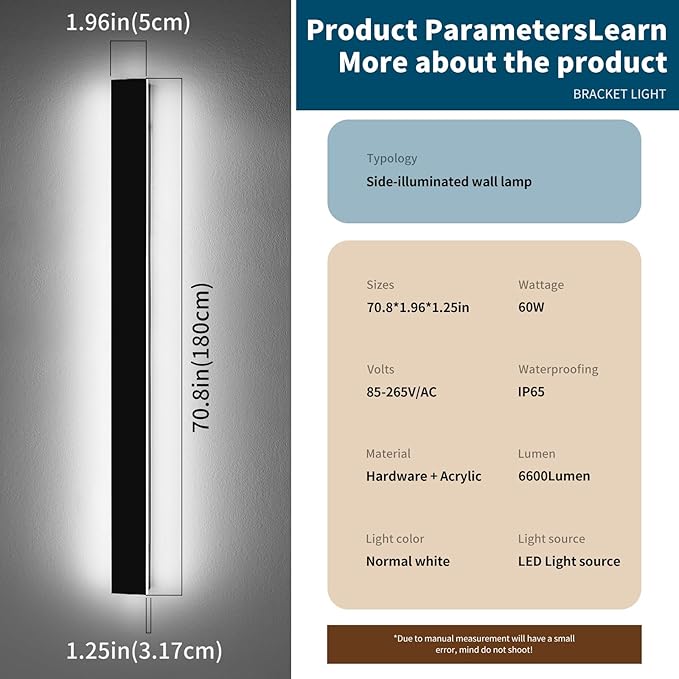 70.8inch Exterior Wall Light Fixture, 6000K Cold White, Modern Long Outdoor Wall Sconce, IP65 Waterproof, 60W, Black Minimalist Outside LED Strip Lights for Garage, Patio, Balcony, Fence