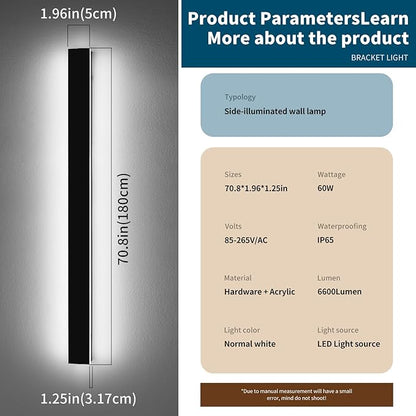 70.8inch Exterior Wall Light Fixture, 6000K Cold White, Modern Long Outdoor Wall Sconce, IP65 Waterproof, 60W, Black Minimalist Outside LED Strip Lights for Garage, Patio, Balcony, Fence
