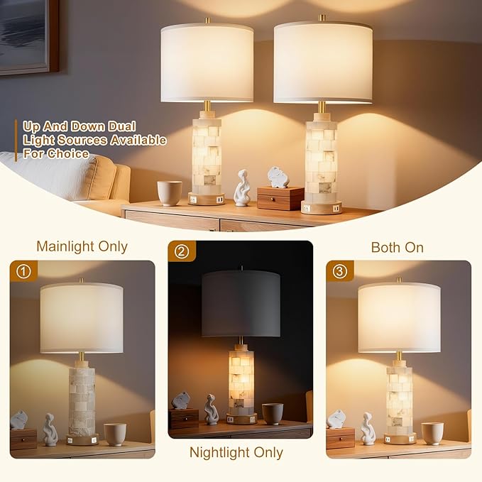 27" Natural Alabaster And Wood Table Lamp Set of 2 With Night Light Nightstand Lamps With USB Ports White Linen Fabric Shade Bedside Lamp Decor For Living Room Bedroom Home Office Hotel Bar House