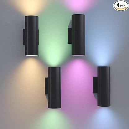 Exterior Double Up Down Outdoor Wall Lights,Mi.Light Remote Control RGB Color Changing 1000lm Warm White 3000k RGBW Cylinder Outdoor Wall Light,Smart LED Exterior Lighting (4 Pack)
