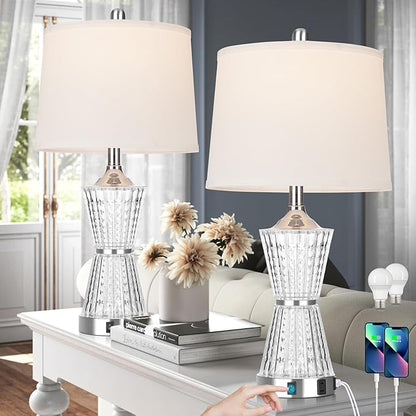 26" Modern Table Lamps, Set of 2 Table Lamp Night Light with 2 USB Charging Ports & AC Outlet, Bedside Nightstand Lamp White Shade for Living Room Bedroom Home Decor Silver(LED Bulbs Included)