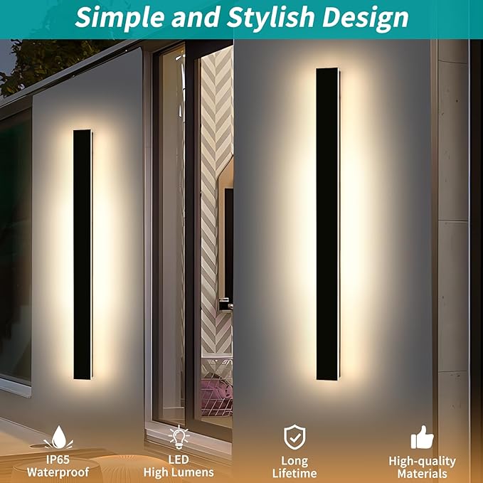 Mikeru 57" 2Pack Outdoor Wall Sconce 3000K Warm White - IP65 Waterproof Black Exterior Light, Hardwired Wall Mounted Fixture for Porch, Patio & Entryway | Non-Dimmable Weatherproof Design