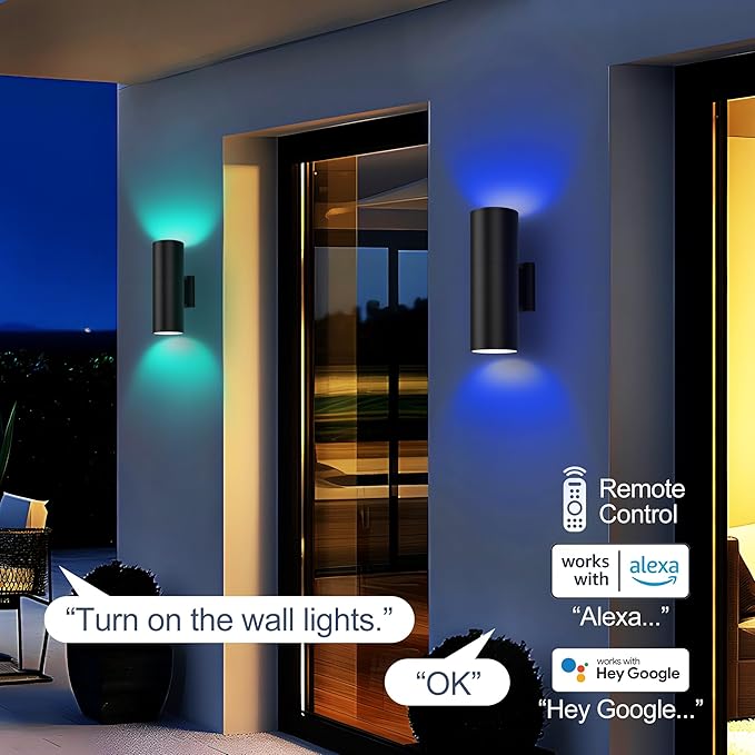 Smart Outdoor Up Down Wall Light, Bluetooth App & Remote Controlled Color Changing Porch Sconce, RGBCW LED 2700K-6500K Tunable White, Dimmable Waterproof Exterior Wall Light for House