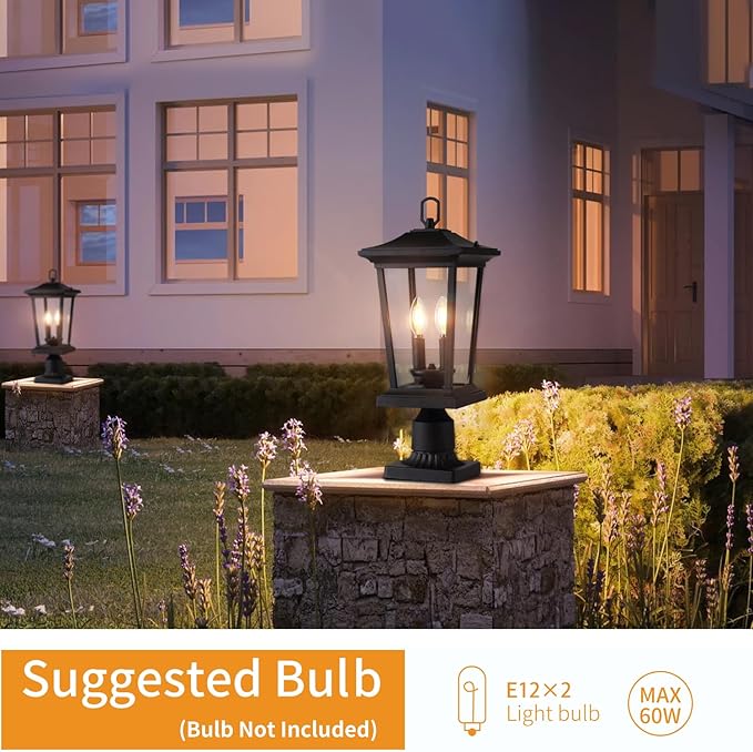 Outdoor Post Lights, Cast Aluminum Lamp Post Light Fixture, 2-Light Pole Mount Light with Clear Glass, Outdoor Pier Mount Light Matte Black Finish
