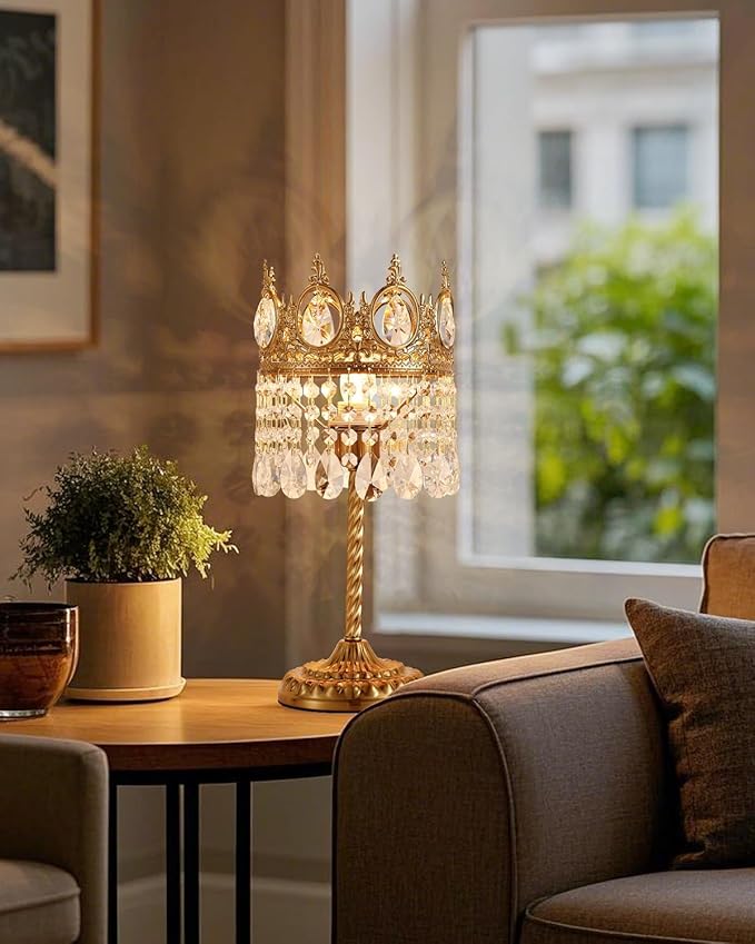 Vintage Gold Crown Shape Crystal Table Lamp for Living Room, Small Bedside Nightstand Lamp for Bedroom, Decorative Farmhouse Table Lamp Desk Lamp for Kitchen Dining Room Home Office