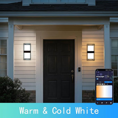 RGBCWW Color Changing LED Outdoor Wall Lights,14in 22W Smart Exterior Wall Sconces, IP65 Waterproof Outdoor Porch Lights,Tuya App Control for Front Door,Garage & Yards