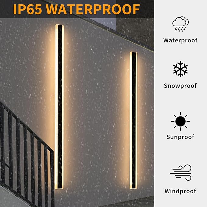Mikeru 2Pack 71inch Outdoor Wall Light Fixtures, 3000/4500/6000K 3 Color Modern Black Linear Wall Lights Front Porch Light Wall Mounted Led Lighting for Basement, Shop,Garage Lighting Non-Dimmable