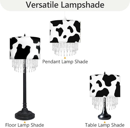 Black White Cow Print Lamp Shade with Acrylic Bead Droplets, Animal Drum Fabric Light Shade for Pendant Table & Floor Lamp, Cute Party Room Decor for Grandchild Kids Teens, 15.7in