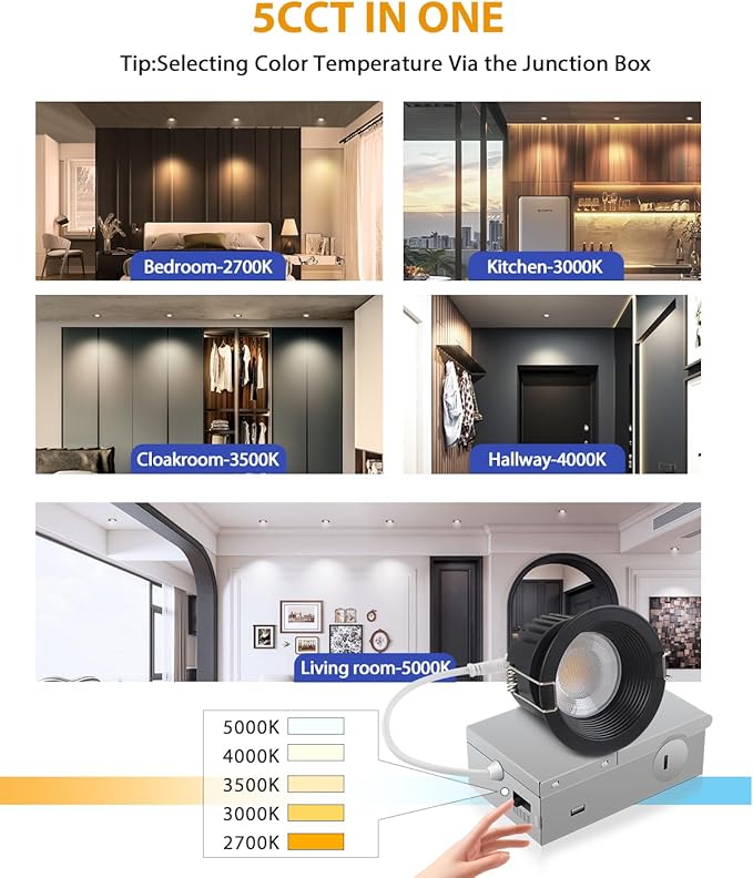 Adetu 3 Inch 5CCT Black Anti-Glare LED Downlight with Junction Box, 2700K/3000K/4000K/5000K Selectable, CRI90+, 12W COB, 1160LM, IP65 Waterproof, Dimmable-ETL and Energy Star Certified (Black,12 Pack)