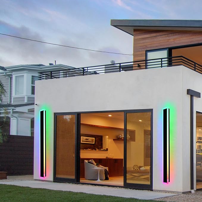 BONLICHT 1 Pack 60inch Modern Outdoor RGB Wall Light Fixture Long Strip Black Porch Wall Mount Lighting Linear Exterior Lights Wall Sconce for House Living Room Garage Patio (Remote Control Included)