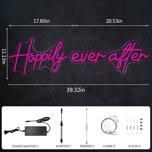 Happily Ever After Neon Sign Large, 39.32 Inch Neon Lights Art Decorative with Dimmer for Home Wall Decor, Wedding, Birthday, Bachelorette Party, Rose Red