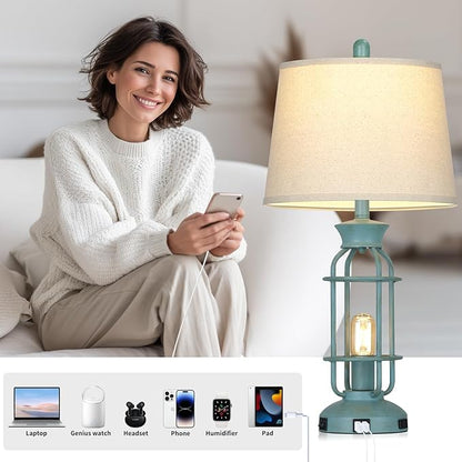 Farmhouse Table lamps for Living Room, 28" Tall Vintage Industrial Table Lamp with USB C+A Ports & Outlet, Rustic Bedside Lamps with 2 Nightlight & Linen Fabric Shade for Nightstand Bedrooms Desk Blue