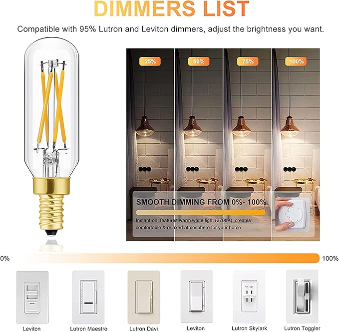 Leools Vintage E12 LED Bulb 40W Equivalent, T6 T6.5, 3000K (Soft White), 450 Lumens, Dimmable Candelabra LED Tube Bulbs 4W, Clear Glass, Edison Filament Tubular Light Bulb 12Pack