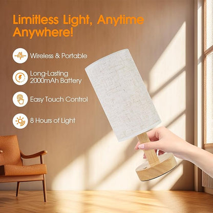 Small Cordless Touch Bedside Table Lamps Set of 2,Minimalist Dimmable Battery-Powered Desk Lamps with Round Fabric Linen Shade,Mini Nightstand Warm Night Lights for Bedroom,Home,Living Room,Office