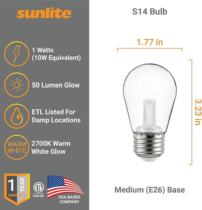 Sunlite LED S14 String Light Bulb, 1 Watt (10W Equivalent), 50 Lumens, Medium Base (E26), Non-Dimmable, ETL Listed, 2700K Soft White, Clear, 1 Count