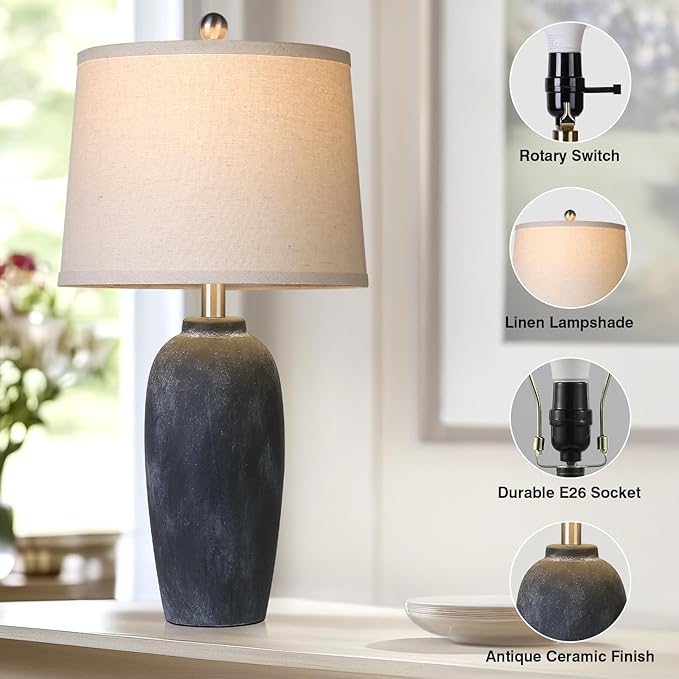 25“ Jar Table Lamps Set of 2, Ceramic Bedside Lamps for Bedroom, Black Farmhouse Nightstand Lamps for Living Room